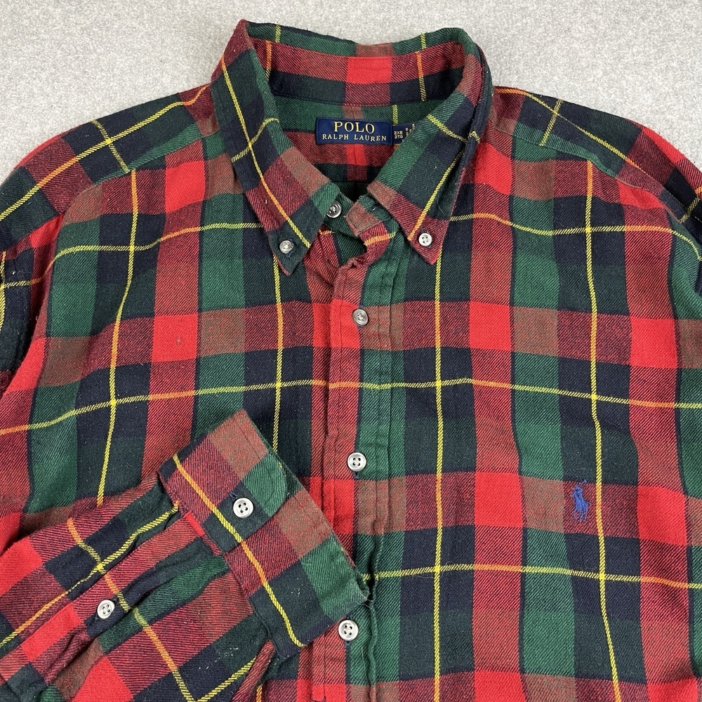 Polo Ralph Lauren Flannel Shirt Men 2XB Red Green Button Up Tartan Plaid Casual